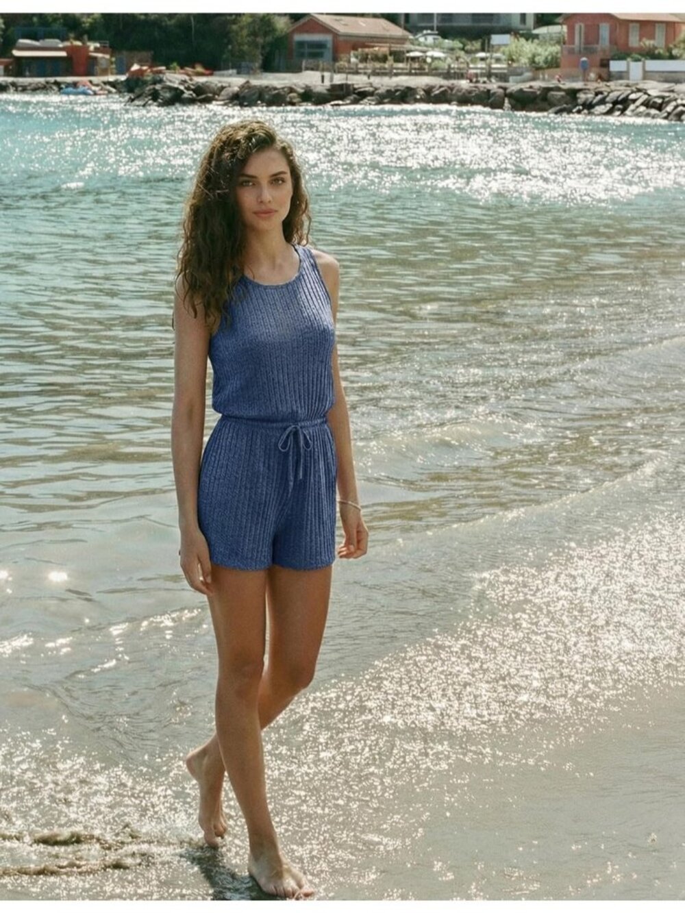 Women's Navy Blue Casual Sleeveless Scoop Neck Tank Top Ribbed Short Romper - Picture 4 of 6